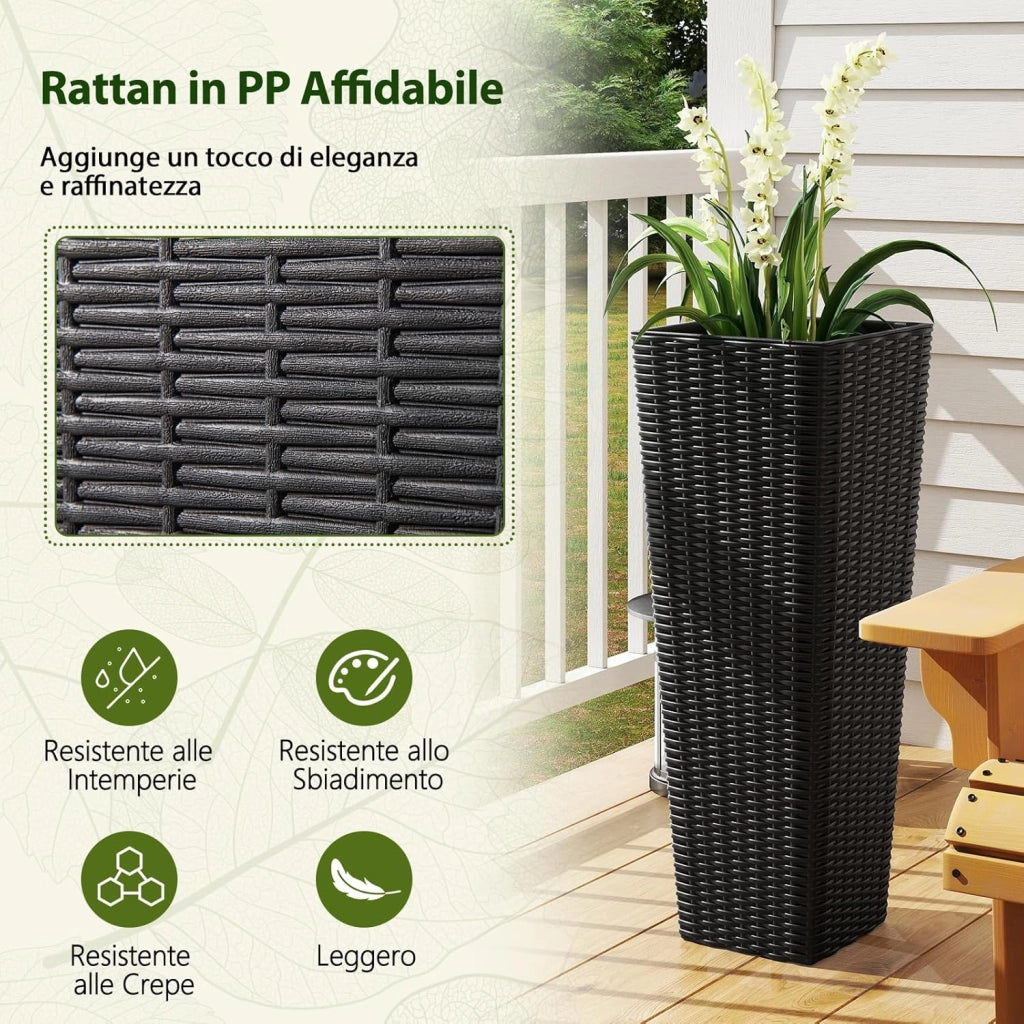 2 Vasi Alti per Piante da Interno ed Esterno, Grandi Fioriere in Rattan con Vassoi Interni Rimovibili, Fori di Drenaggio, Fioriere Decorative per Giardino, Cortile e Balcone (Nero)