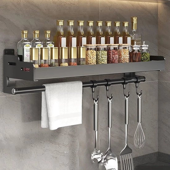 Kruidenrek Appeso Senza Fori - Credenza da Cucina Appesa con Ganci e Supporto per Asciugamano - Acciaio Inossidabile - Nero