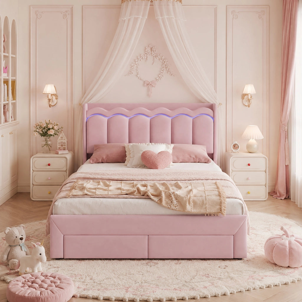 Letto imbottito per bambini 140 ¡Á 200 cm in velluto rosa con 2 cassetti e LED controllata tramite app