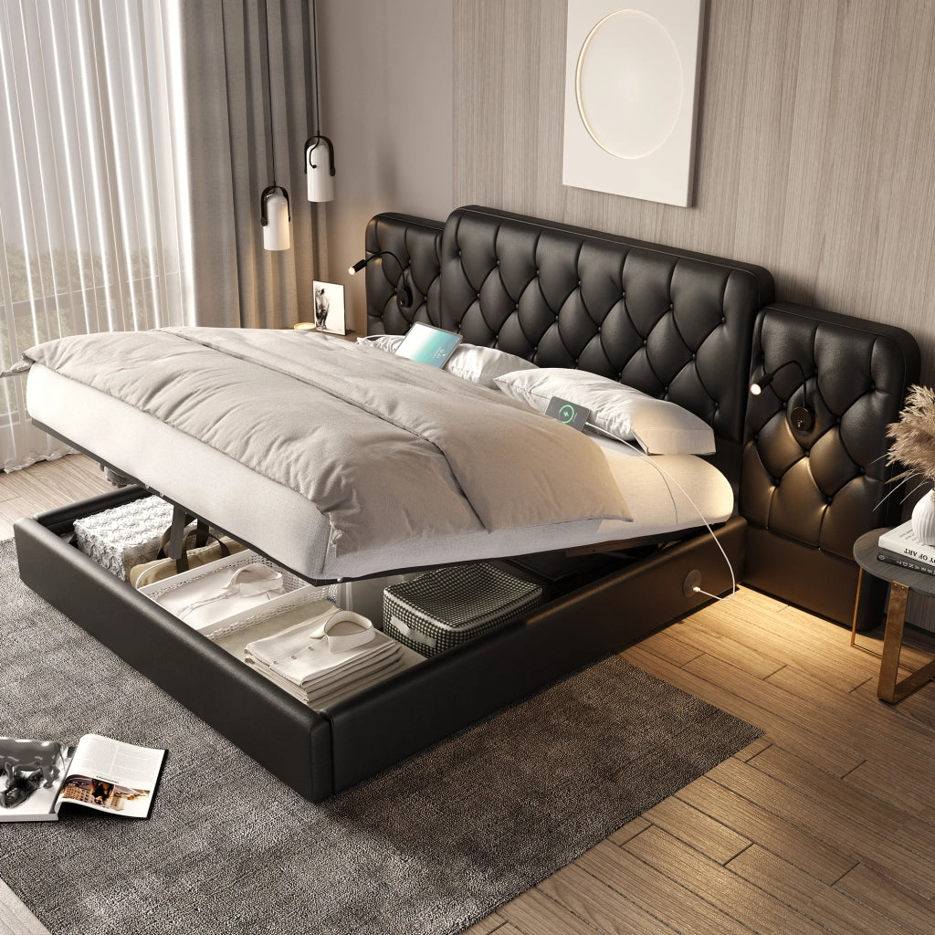 OKWISH Letto Contenitore 160×200 cm, Letto Matrimoniale con USB, Luci da Lettura e Contenitore, senza Materasso, in Ecopelle PU, Nero