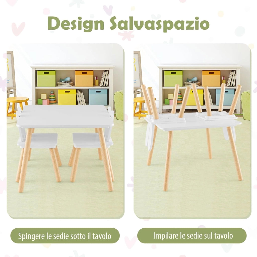 Set Tavolo e 2 Sedie per Bambini 3-6 Anni, Sedie Ergonomiche in Legno con Schienali a Forma di Orecchie di Coniglio, Portata 40kg, Salvaspazio, Ideale per Gioco e Disegno (Bianco)