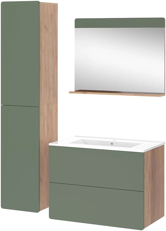 Set di mobili da bagno Izan, Goldkraft rovere/verde, 80 cm, composto da mobile sottolavabo con lavabo, armadio alto e specchio da bagno