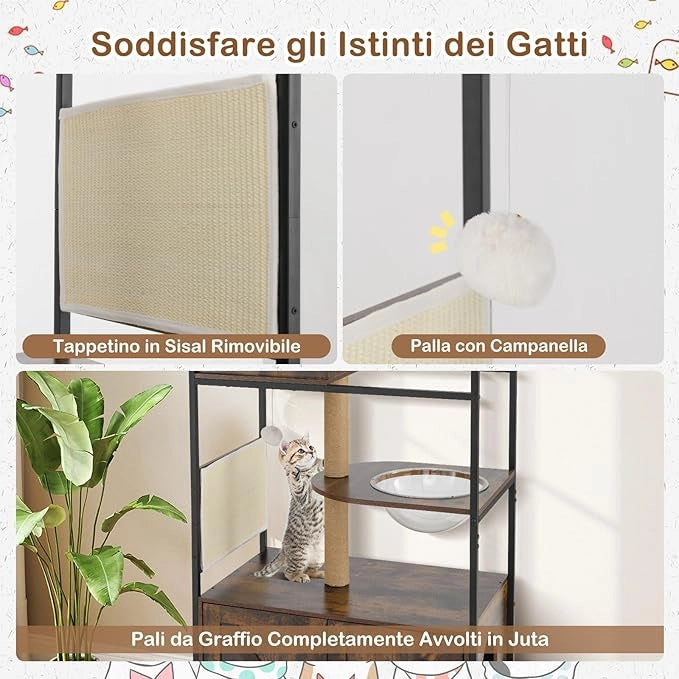 Albero per Gatti 80 x 48 x 150 cm, Lettiera Gatto Chiusa con Posti per Graffiare, Cuscino, Amaca e Palla Pendente, Torre per Animali Domestici in Metallo e Corda di Juta