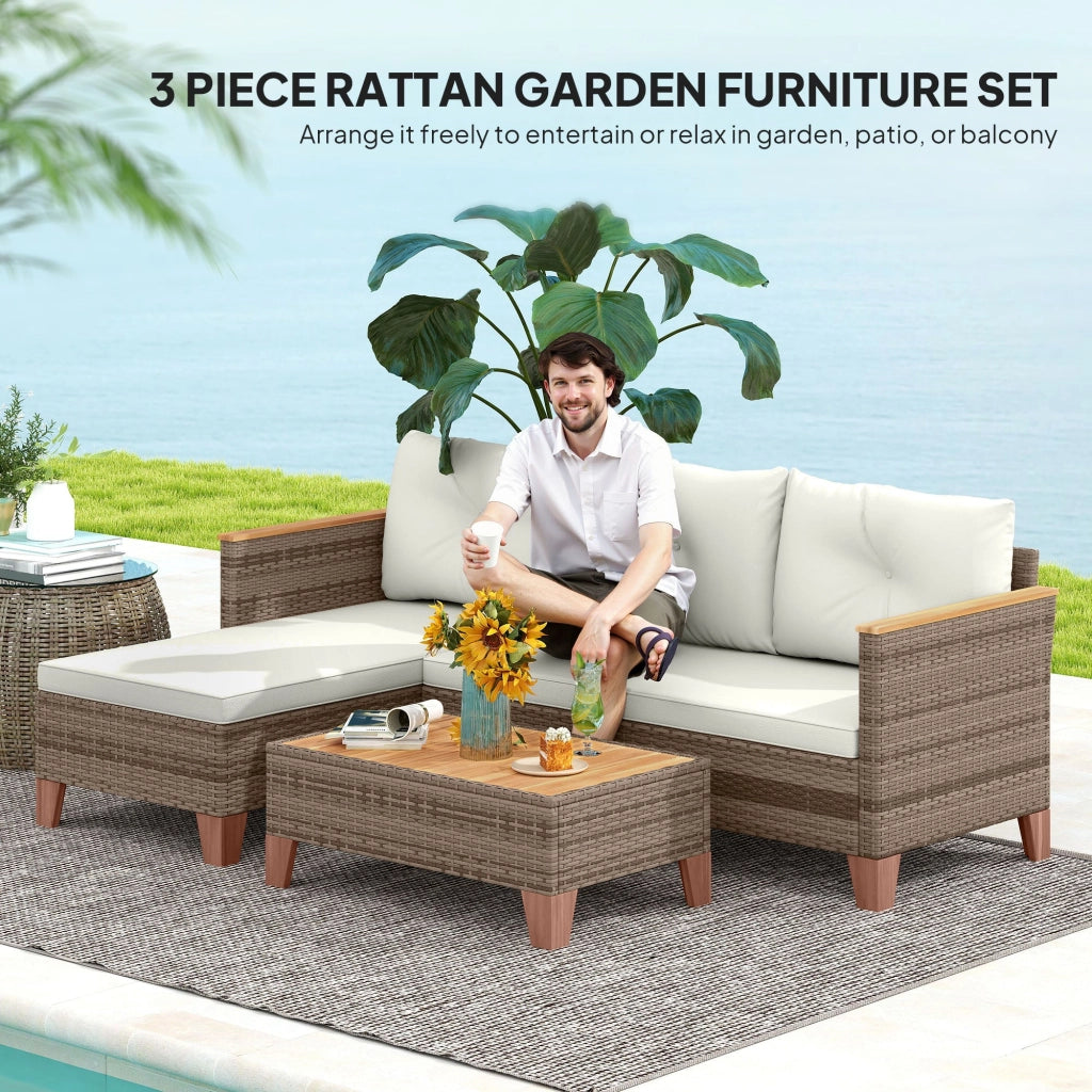 Set Salotto da Giardino Divano 2 Posti con Chaise Longue e Tavolino  in Rattan PE Crema
