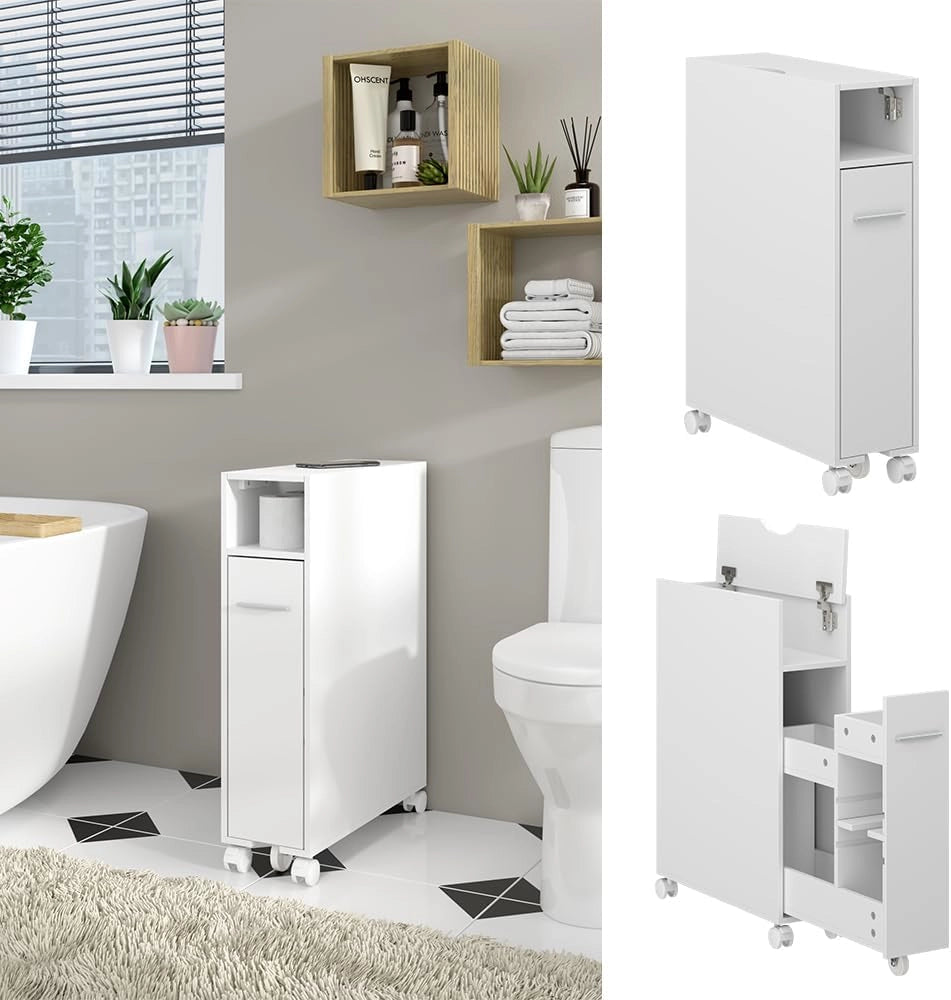 Armadietto per toilette Niva, Bianco, 18 x 71.3 cm Con scomparto estraibile, per una conservazione salvaspazio sopra il WC