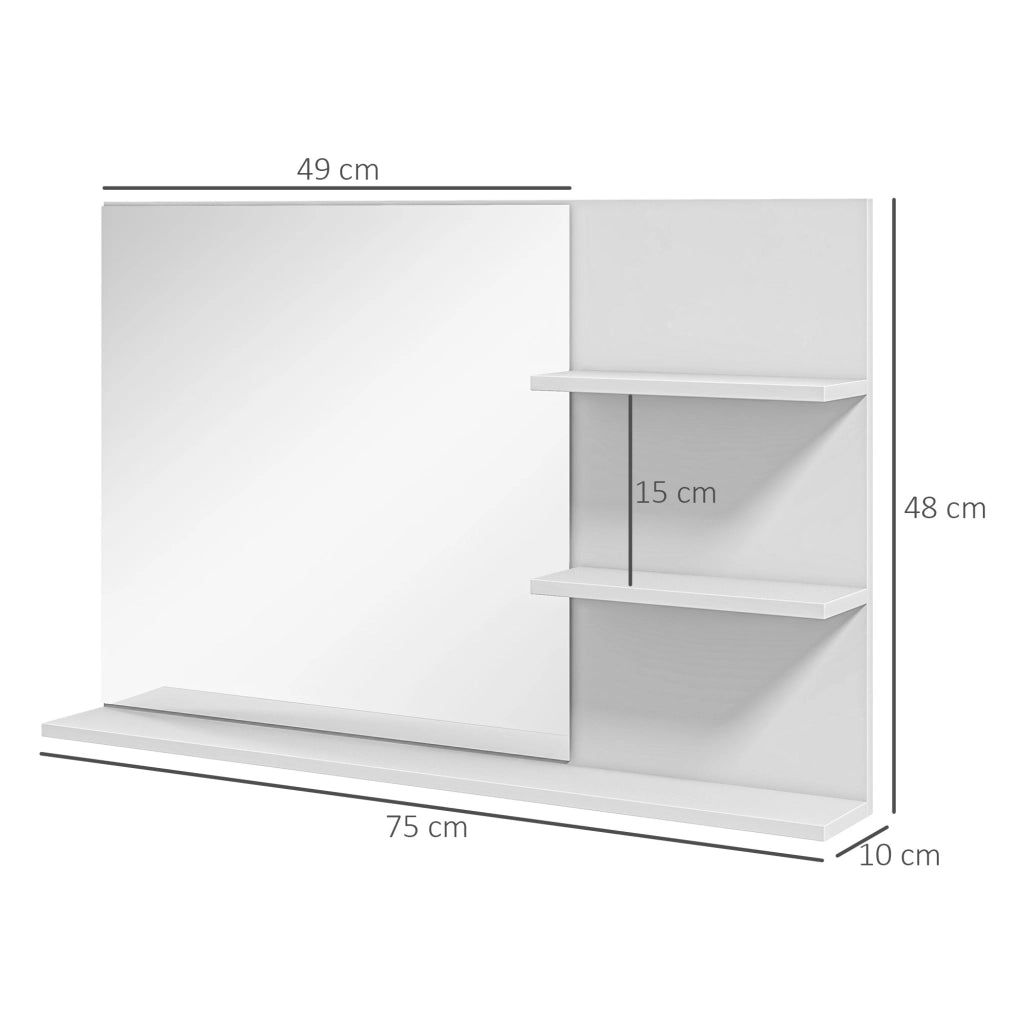 Specchio da Bagno a Parete con 2 Ripiani Laterali e Ripiano Inferiore, in MDF e Vetro, 75x10x48 cm, Bianco
