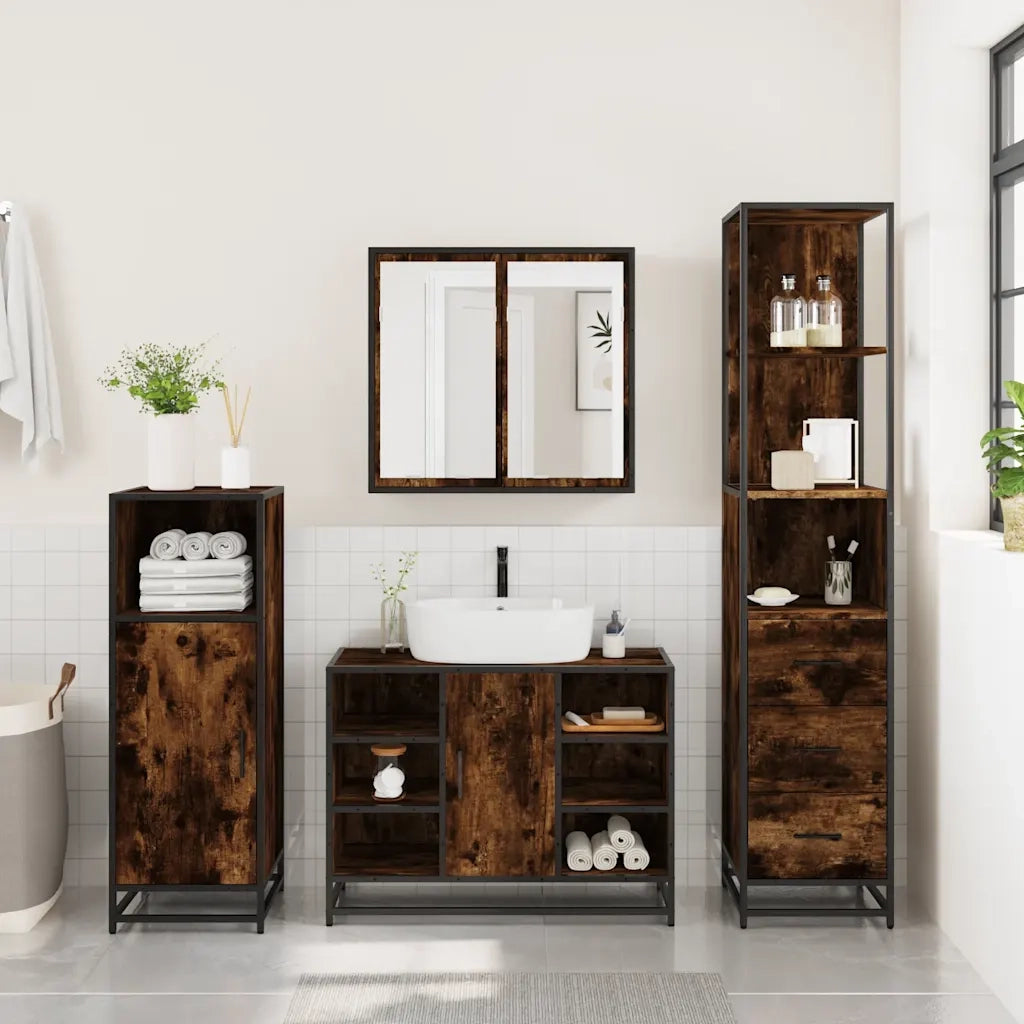 Set Mobili da Bagno 3 pz Rovere Fumo in Legno Multistrato 3301152
