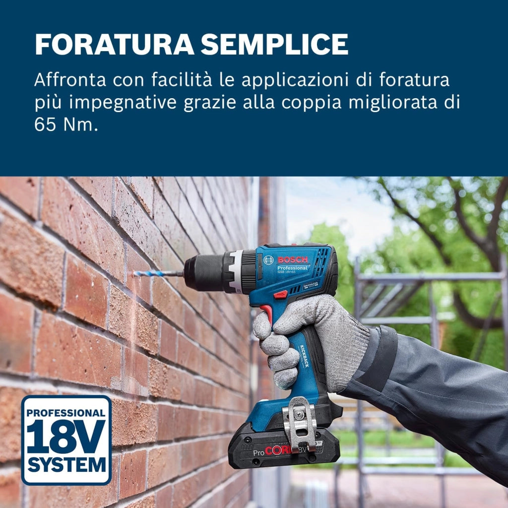 Bosch Professional 18V System Trapano-avvitatore a batteria GSB 18V-65 (motore brushless, lunghezza della testa 175, incl. 2 batterie ProCORE18V 4.0Ah, L-BOXX)