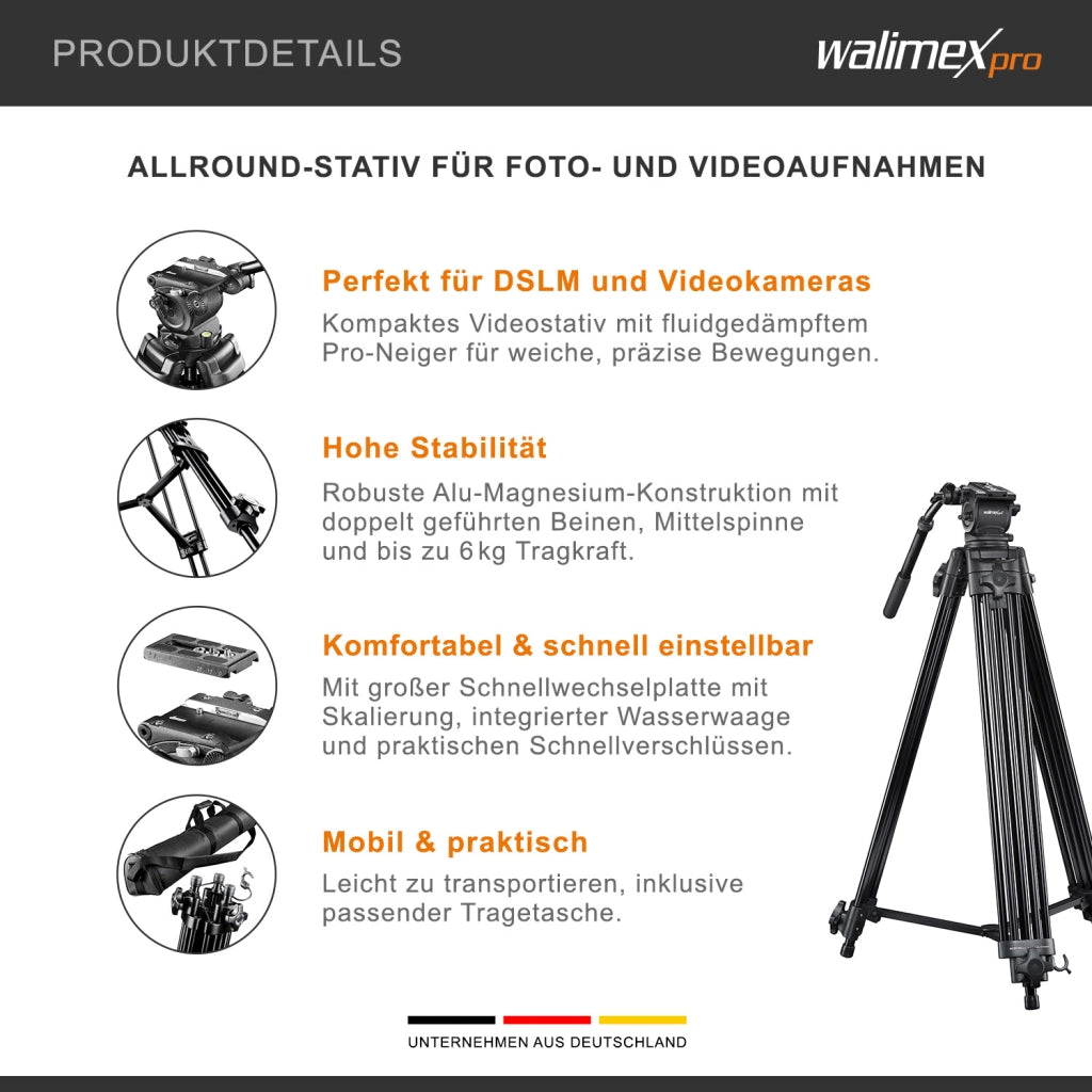 Walimex Pro treppiede video di alta qualità Cineast 188cm con borsa I 5 supporti per le gambe e divaricatore centrale per un'elevata stabilità I per videocamere e DSLR fino a 6kg