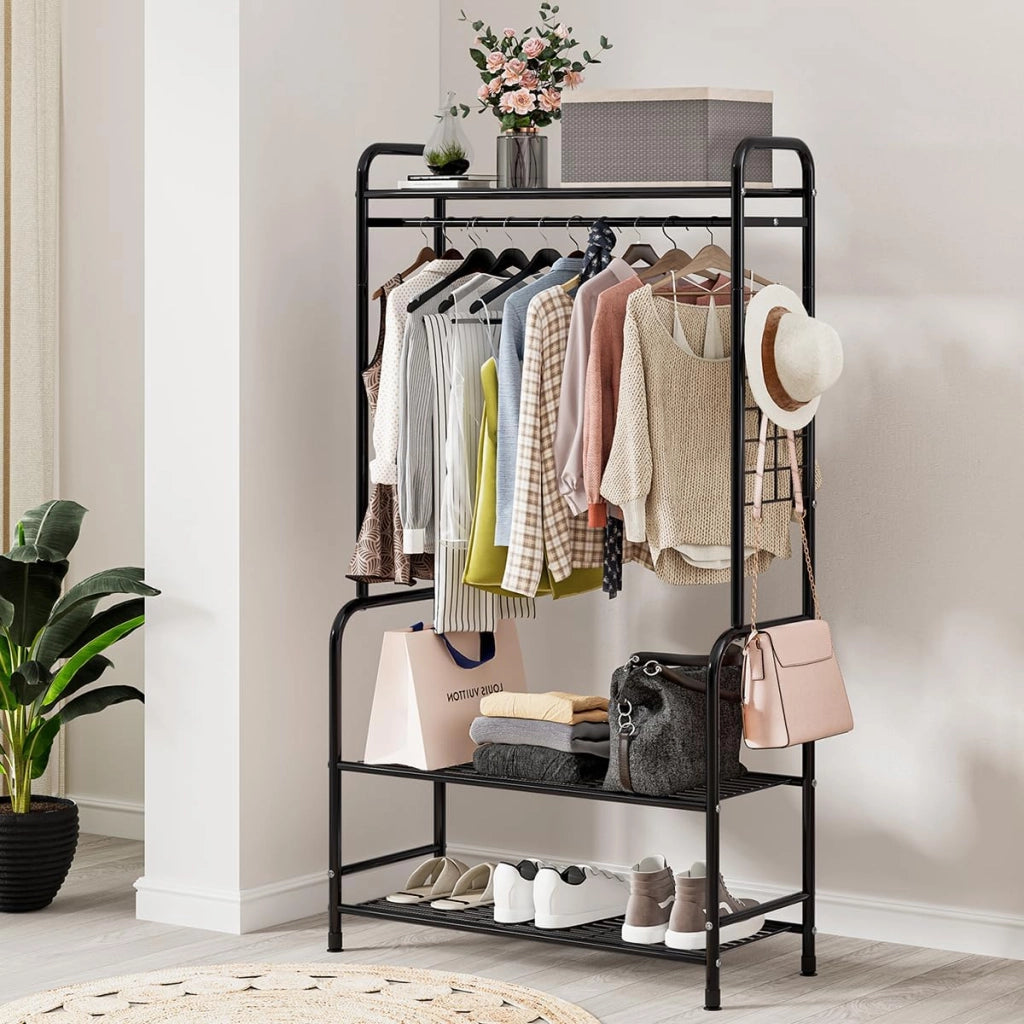 Stand Appendiabiti in Metallo,Stendino durevole salvespazio di grande capacità con piu scaffali conDesign a doppia asta di sospensione,grande capacita di stoccaggio,74 * 40 * 168cm,Bianco