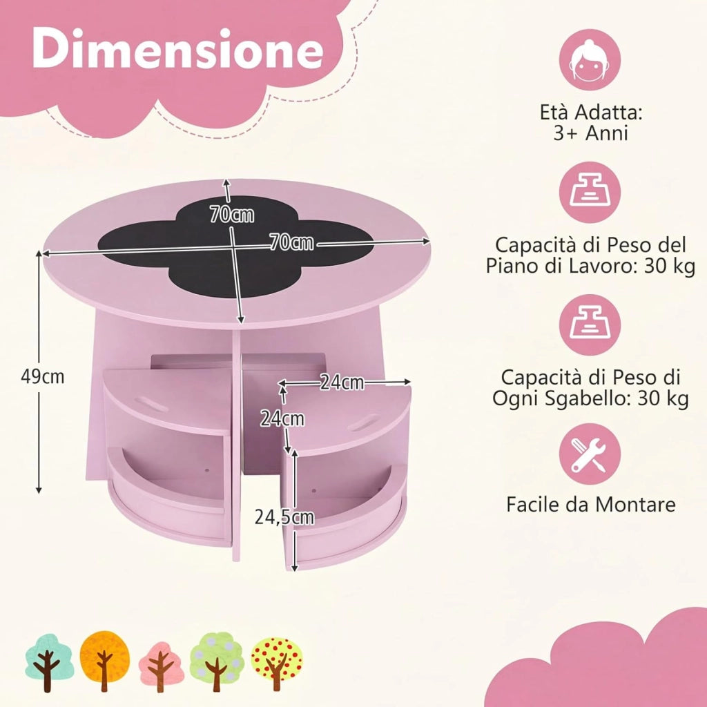 2 in 1 Set Tavolo e 4 Sedie per Bambini 3+ Anni, Set Tavolo Rotondo e Sedie con Portaoggetti, Tavolino in Legno Salvaspazio per Cameretta Ragazzi e Asilo Nido (Rosa)
