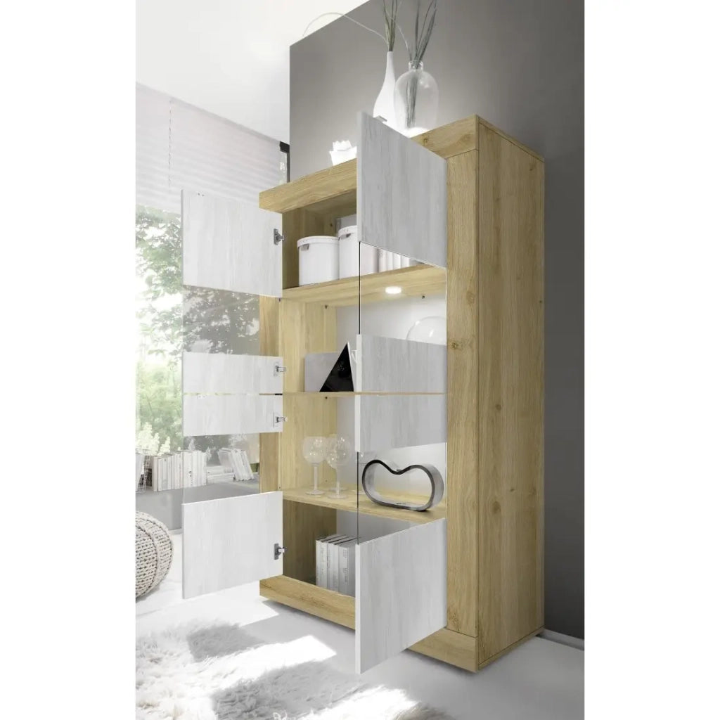 Vetrina design 4 porte collezione ACCESS. Colori bianco e rovere chiaro.