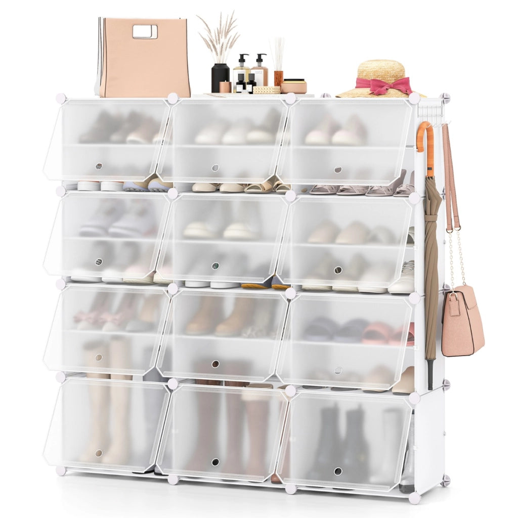 Scarpiera a 8 ripiani per 48 scarpe per ingresso per stivali e tacchi-Armadio 12 cubi in plastica con ganci laterali Bianco