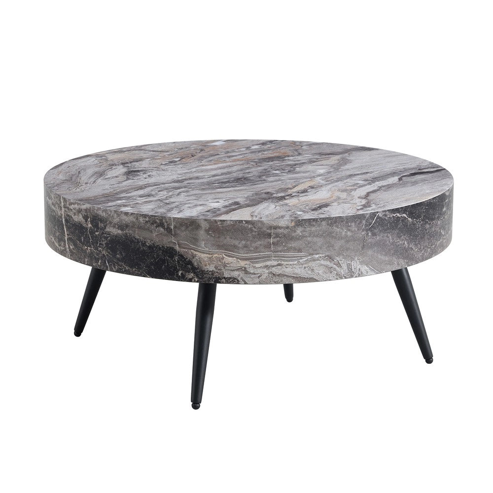 Tavolino da Caff¨¨ Rotondo ¨C MINIMAL ¨C Effetto Marmo Grigio, Gambe in Metallo Nero, ?70 cm