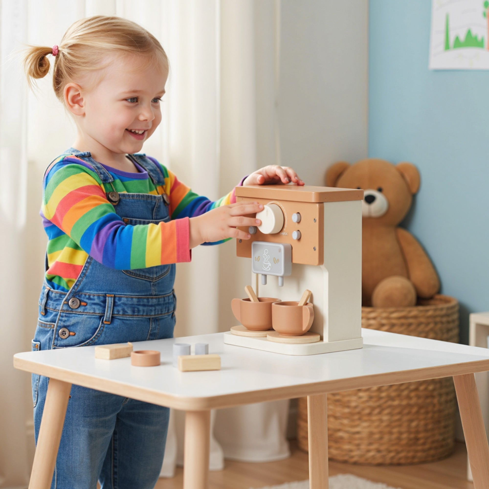 Macchina del Caffè Giocattolo per Bambini con Accessori in Legno Marrone