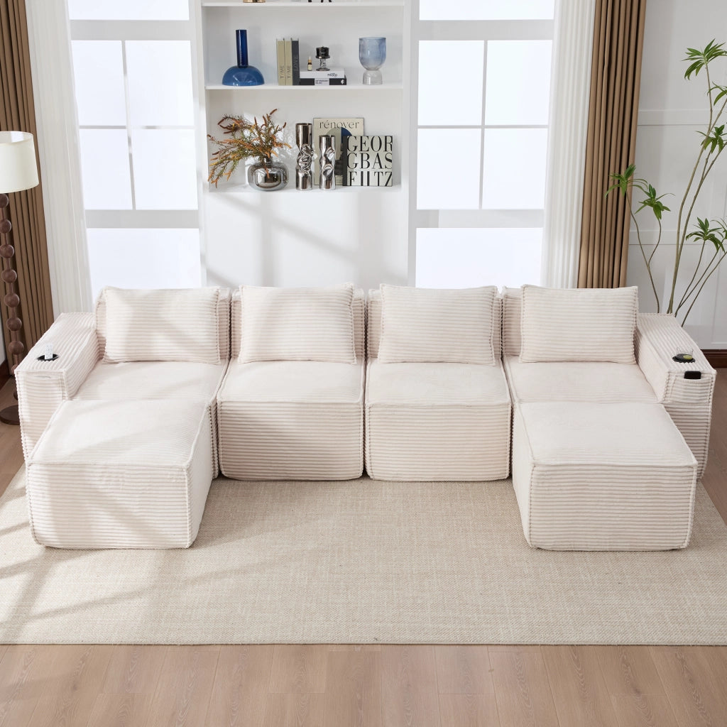 DIVANO modulare 4 posti 330x162x75 cm in corduroy beige con 2 sgabelli