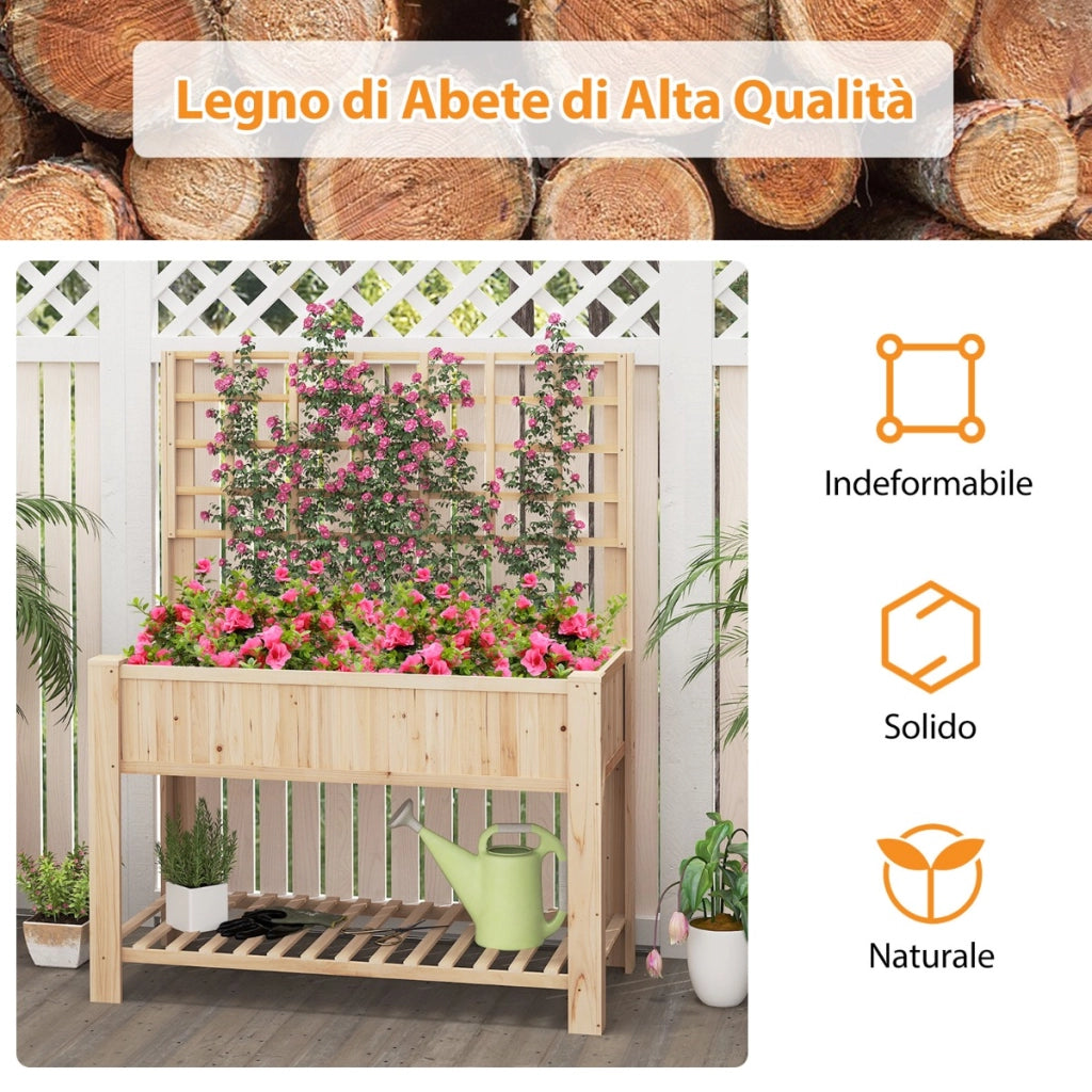Letto da giardino rialzato con traliccio, Fioriera alta in legno con mensola di stoccaggio e fori di drenaggio Naturale-Fioriere