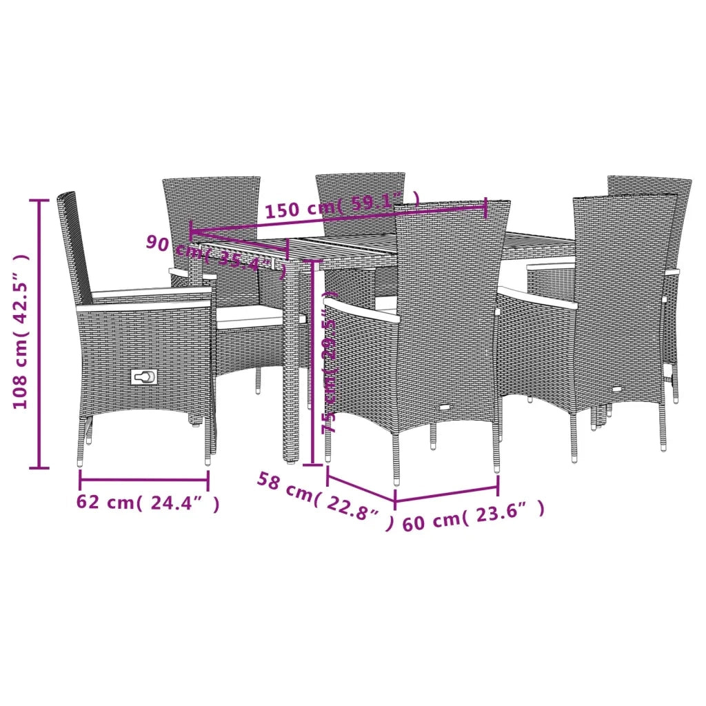 Set da Pranzo da Giardino 7 pz Nero con Cuscini in Polyrattan
