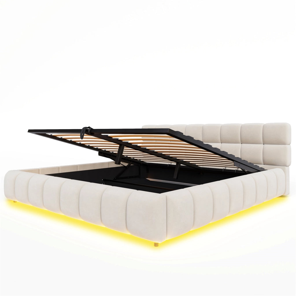 Letto imbottito matrimoniale 180x200 cm con contenitore idraulico, LED e tessuto effetto velluto beige