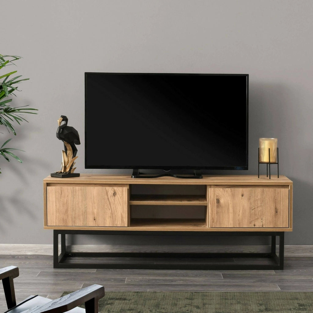 Mobile porta TV Kira, Credenza da soggiorno, Armadio basso per TV, Base parete attrezzata, 140x40h50 cm, Nero e Quercia