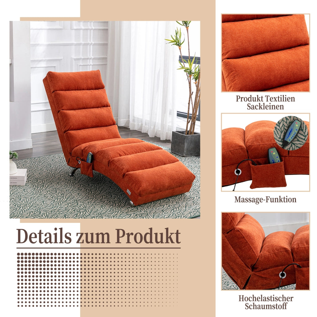 Chaise Longue Massaggiante Fissa 140° con Vibrazione Delicata e Tasca Laterale; Supporto Totale in Lino Arancione