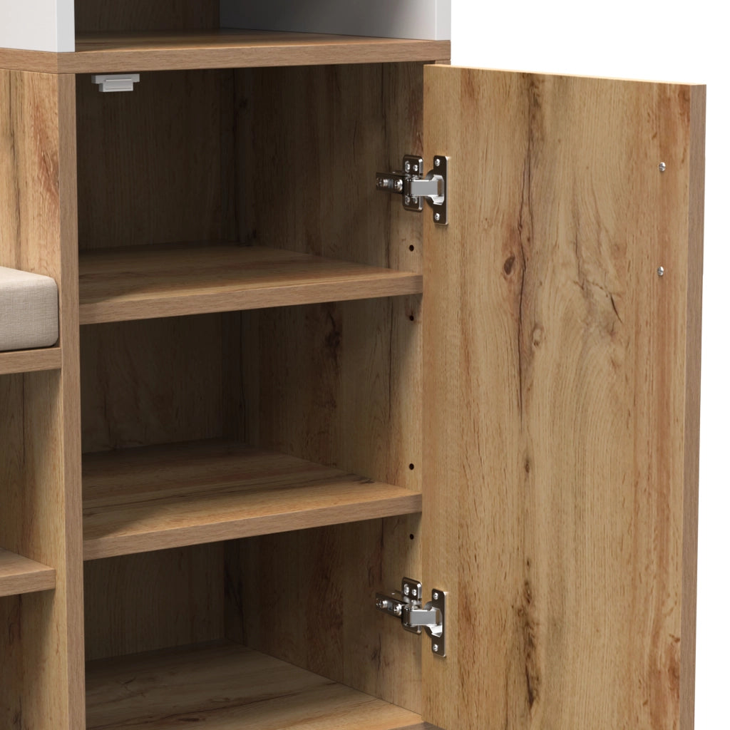 Mobile Ingresso con Specchio; Panca e Scarpiera con 2 Scomparti; 4 Ganci e Barra; in MDF; Bianco e Legno; 105¡Á40¡Á190;5 cm