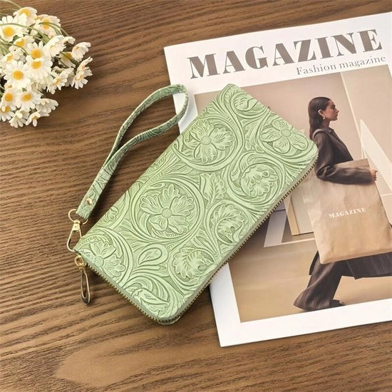 Portafoglio in PU con chiusura velcro e clip per carta di credito multifunzione, tasca per smartphone, chiavi, 19*10,5*3CM, verde