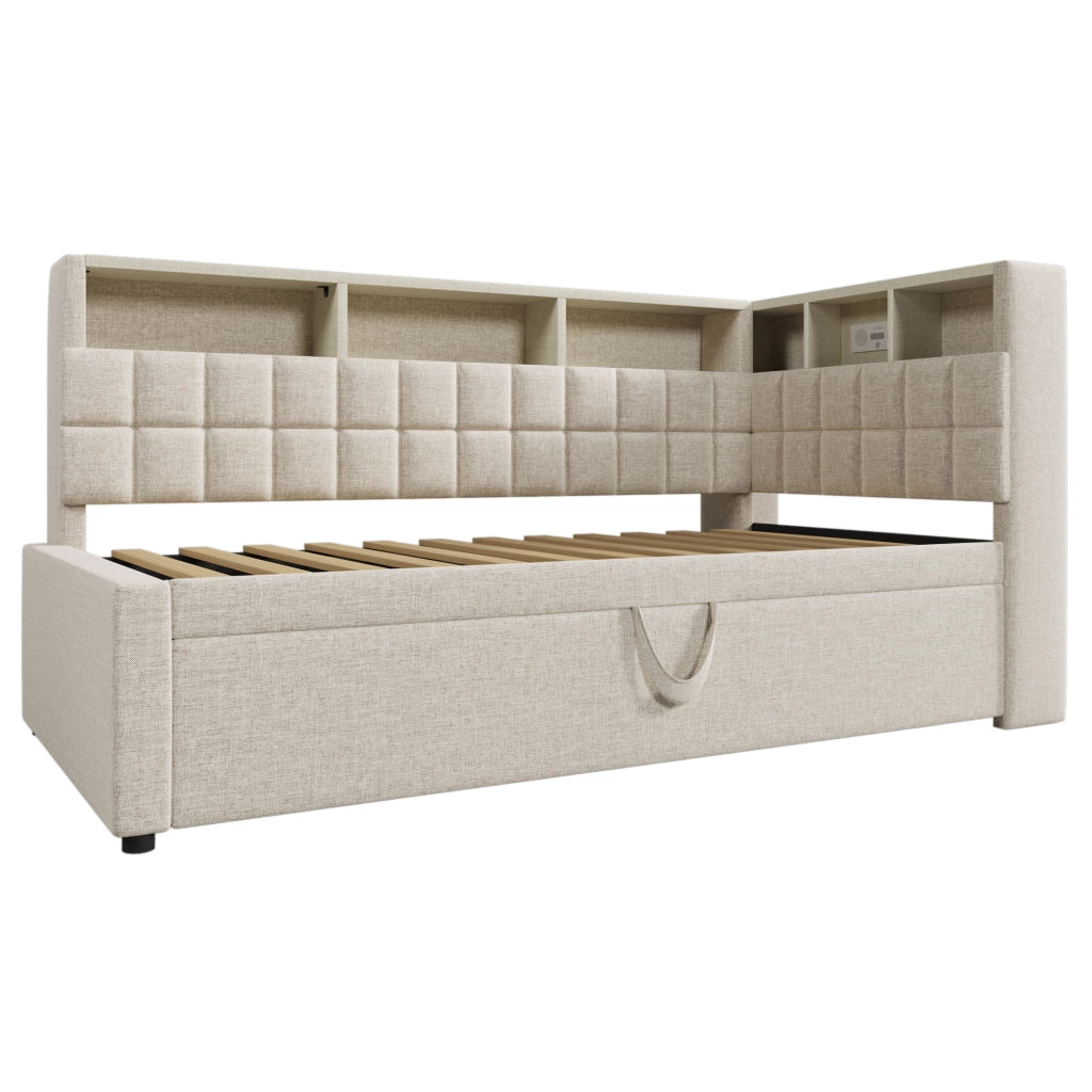Letto imbottito con letto estraibile 90x200 cm; LED; Bluetooth; USB e Type-C; beige
