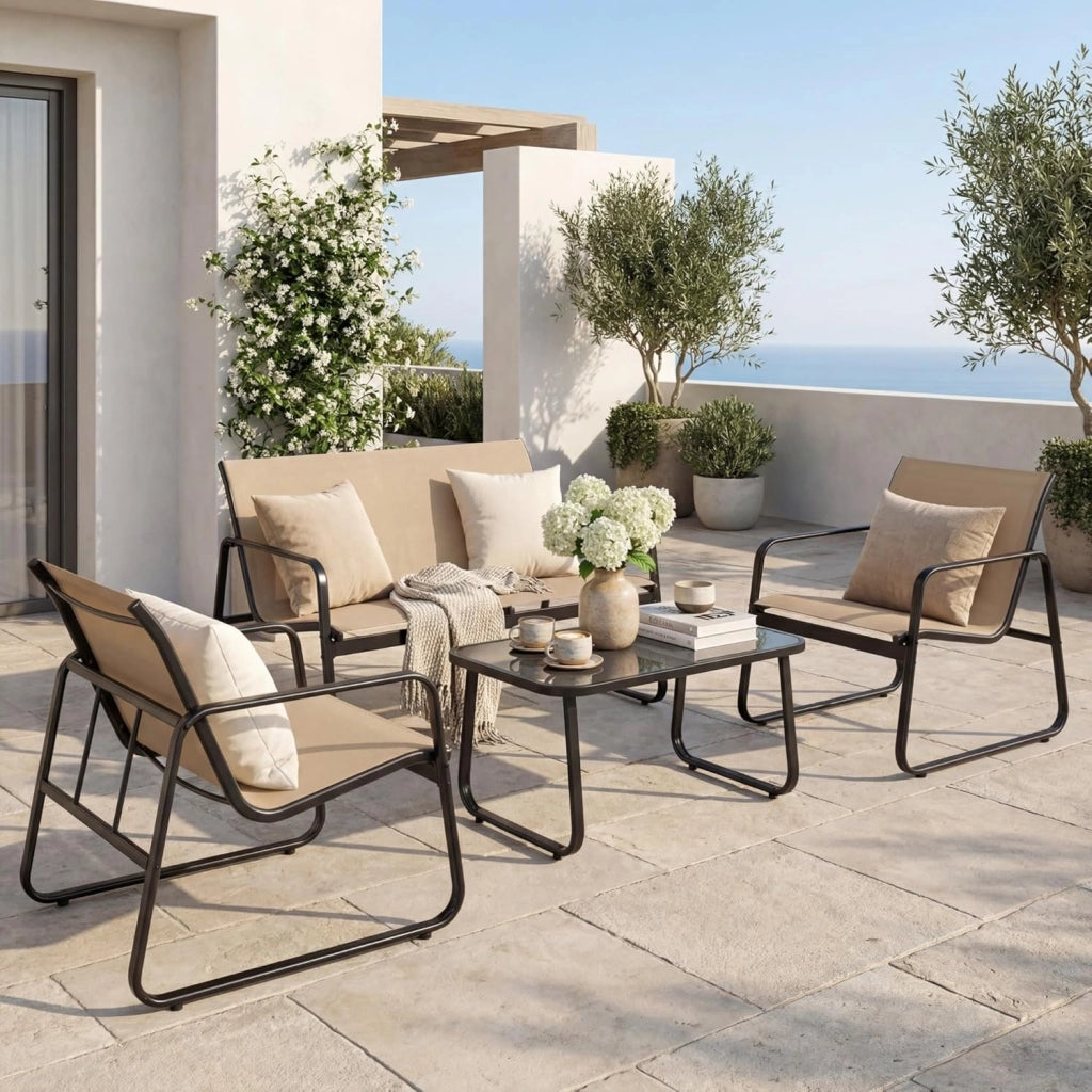 Set di Conversazione per Patio, Set di Mobili 4 Pezzi con Tavolino in Vetro Temperato, Ampio Divano a Due Posti, 2 Sedie Accoglienti, Tessuto Traspirante, per Giardino, Bordo Piscina
