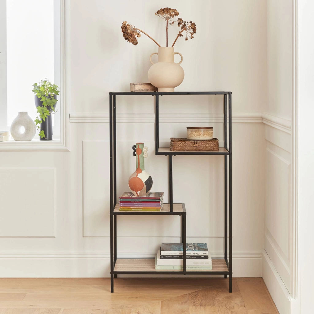 Libreria industriale in metallo ed effetto legno, 4 livelli, marrone