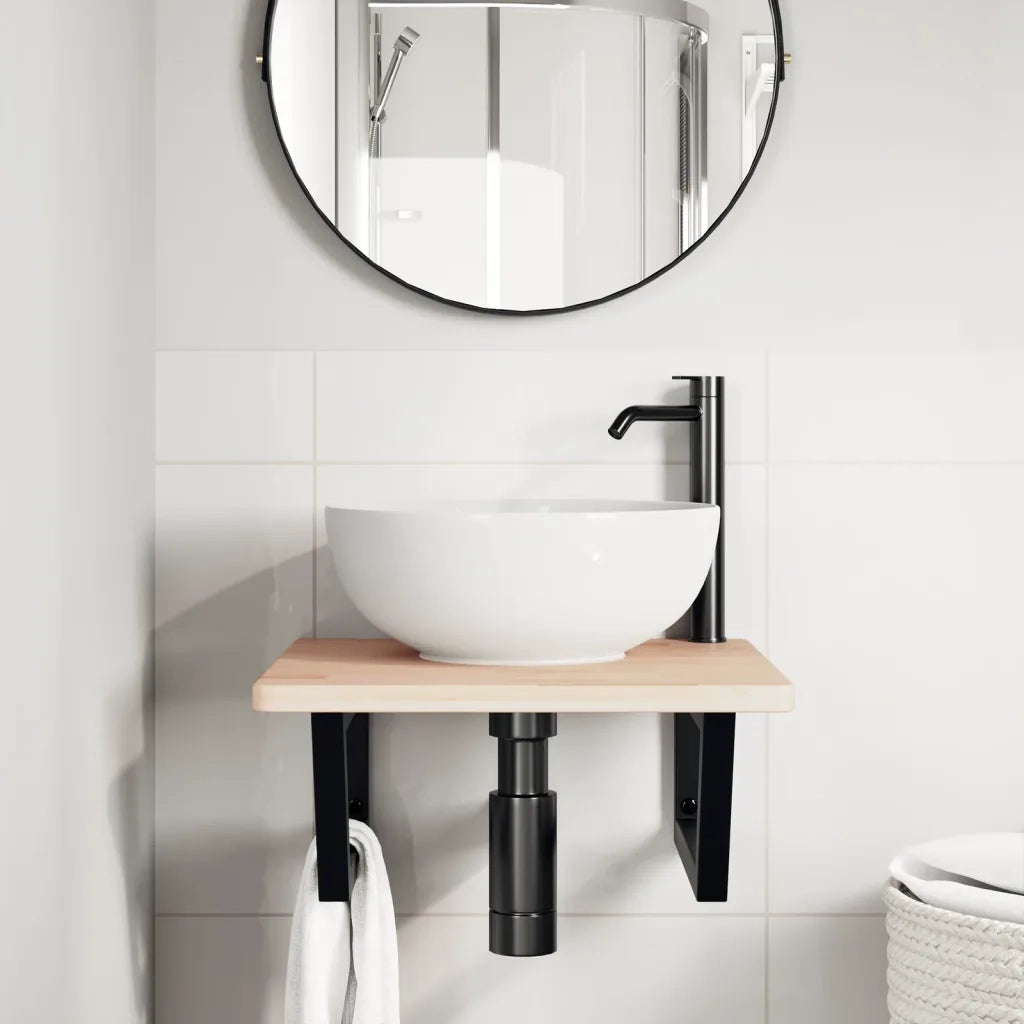 Ripiano a Parete per Lavabo in Acciaio e Massello di Rovere