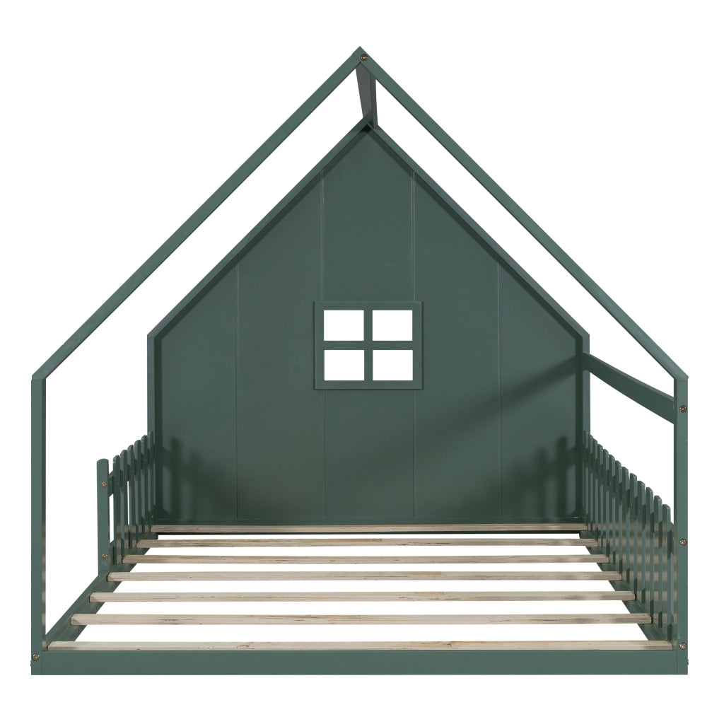 Letto a Casetta 140×200 cm; Letto 2 Posti con Sponda; per Bambini; senza Materasso; in Pino e MDF; Verde