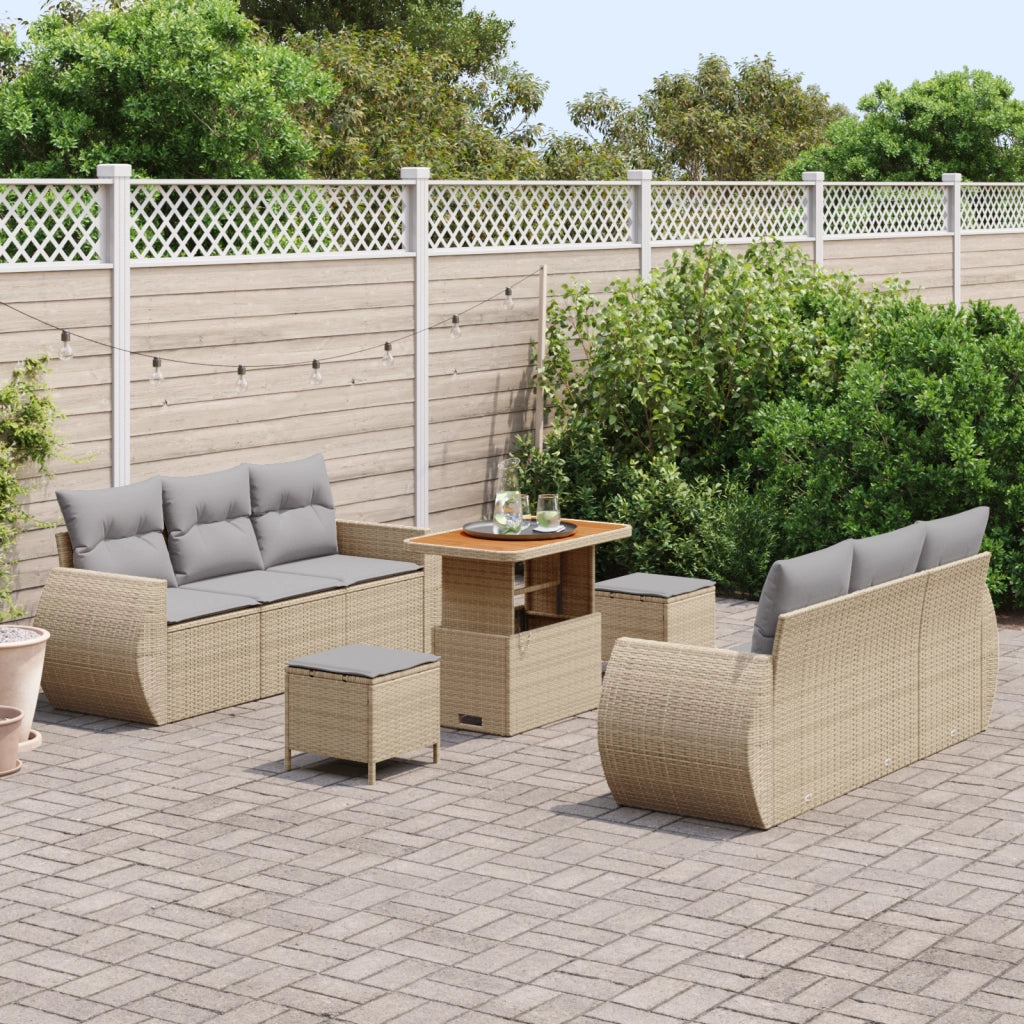 Set Divano da Giardino  9 Pezzi con Cuscini Beige in Polyrattan e Acacia