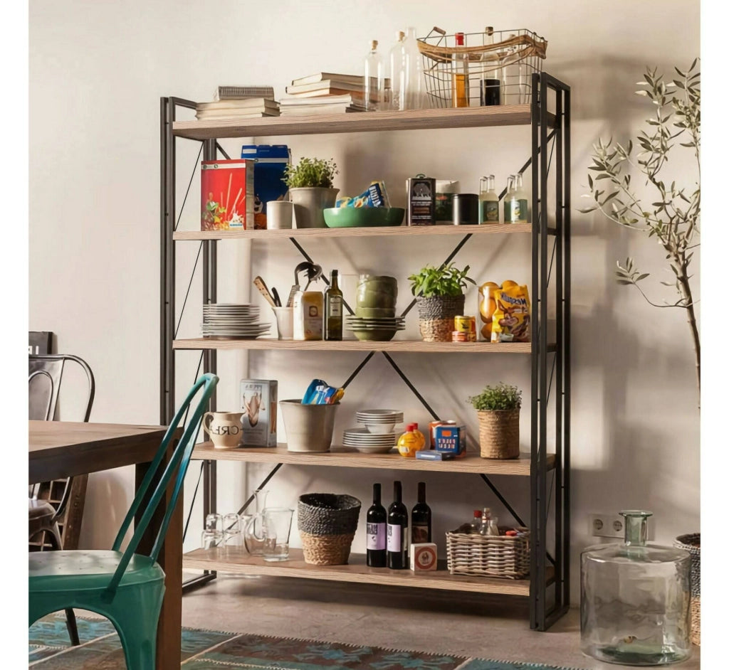 Libreria Demetria, Scaffale da ufficio, Mobile portalibri, Biblioteca, 130x35h180 cm, Quercia e Nero