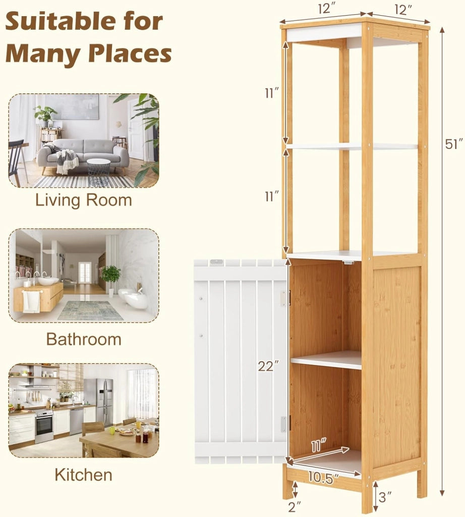 Armadio da bagno in bambù, mobile indipendente con porta, scaffale regolabile e ripiani aperti, torre della biancheria sottile e stretta, per bagno, ripostiglio, cucina