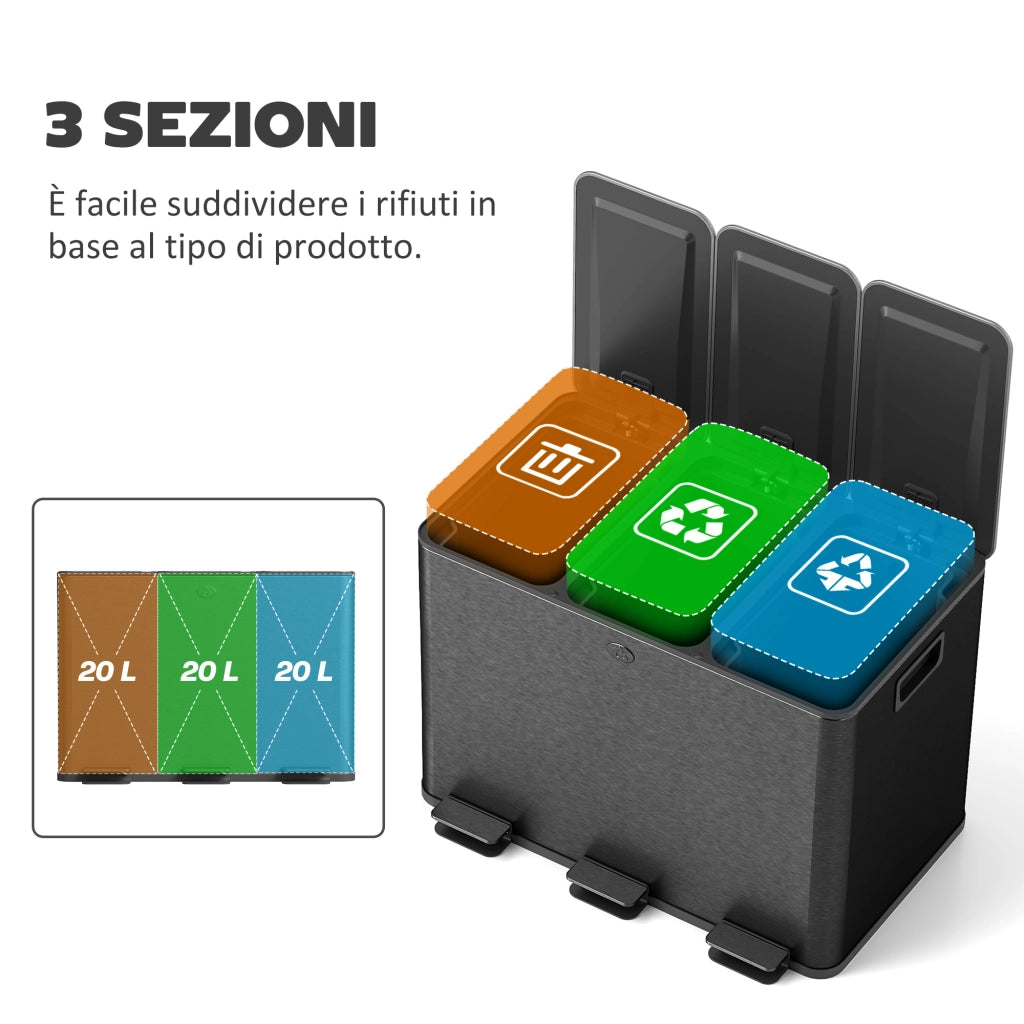Pattumiera a 3 Sezioni da 20L 61,9x36,6x56,7 cm con Coperchio Silenzioso in Acciaio Inox e PP Nero