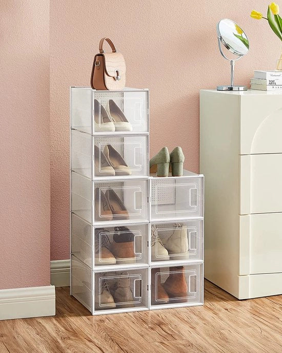 Set di 8 contenitori per scarpe, organizzatore per scarpe, contenitori in plastica, pieghevoli e stivabili, per scarpe fino al numero 44, trasparente bianco LSP08MWT