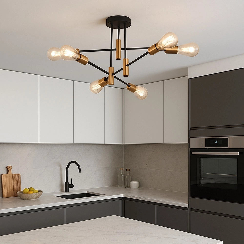 Trade Shop - Plafoniera Soffitto Design Industriale Moderna Nero Oro 6 Portalampada Attacco E27 Pn-14 -