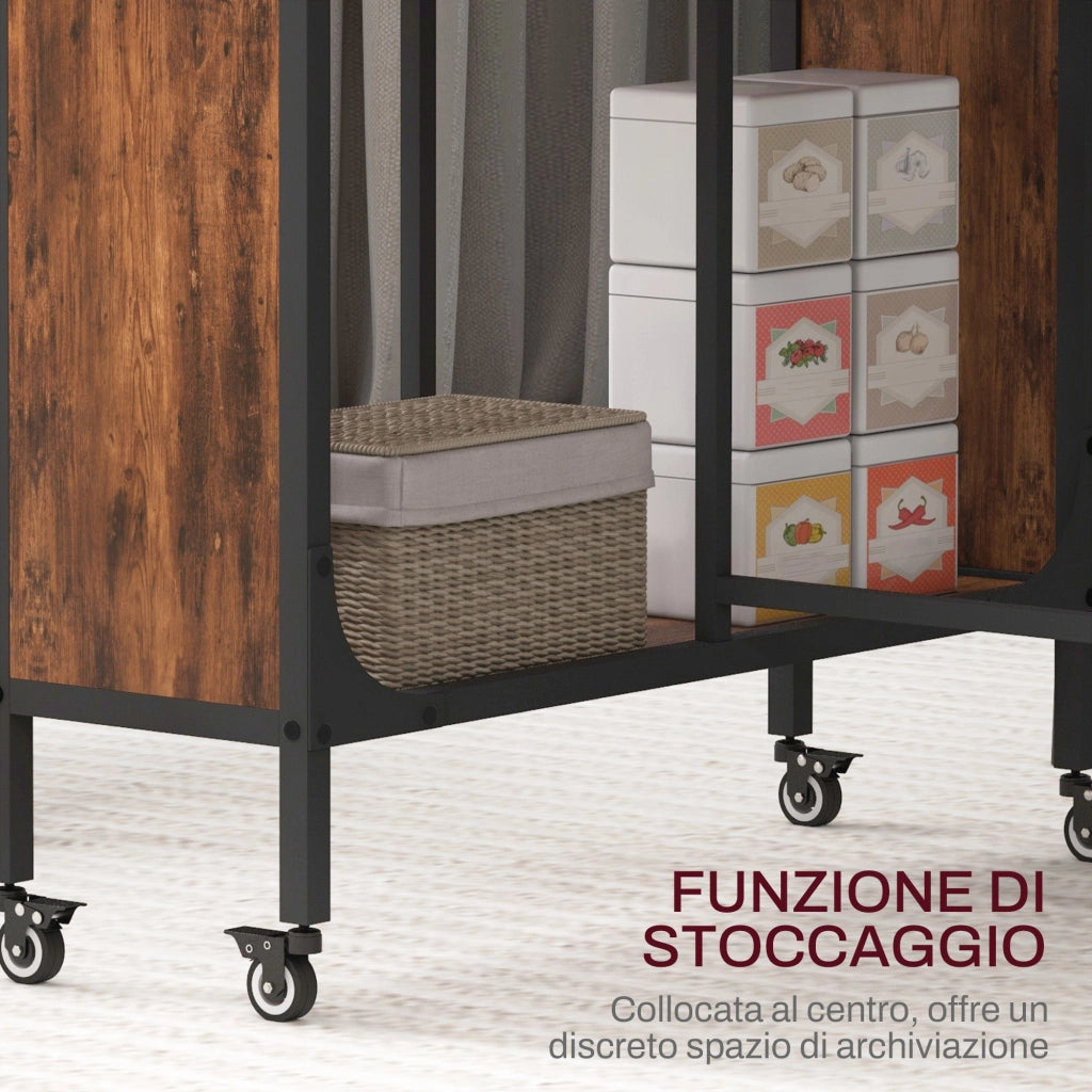 Tavolo Pieghevole 6 Ruote e Mensola 130x80x74 cm in Legno e Metallo Marrone Rustico