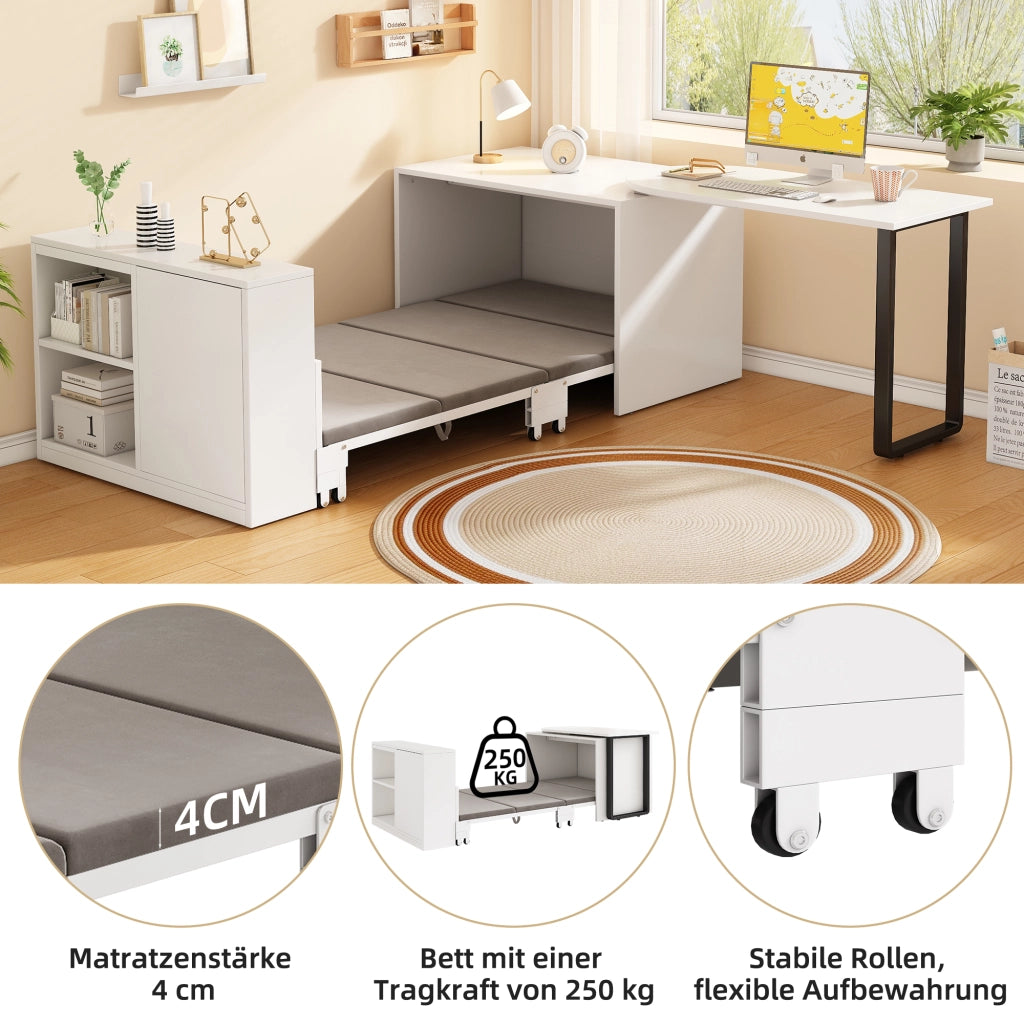 Scrivania 2 in 1 con letto pieghevole telaio in metallo materasso da 4 cm con ruote armadio con due scomparti di stoccaggio colore bianco
