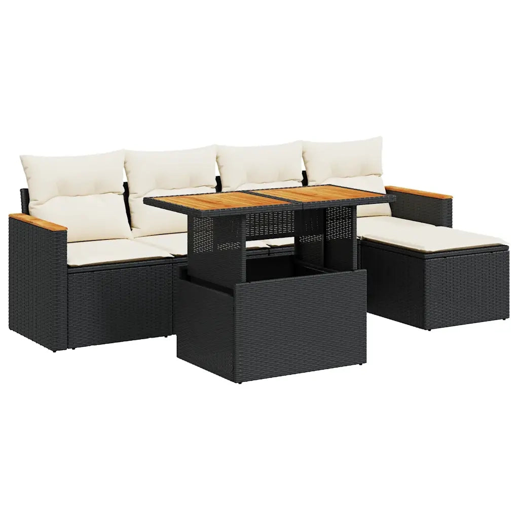 Set Divano da Giardino 6 pz con Cuscini Nero Polyrattan Acacia 3327472