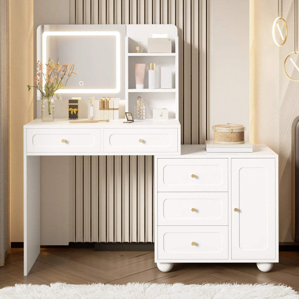 Tavolo da trucco bianco con specchio HD, 5 cassetti, 1 anta, 3 vani a giorno e illuminazione LED a 3 modalit¨¤