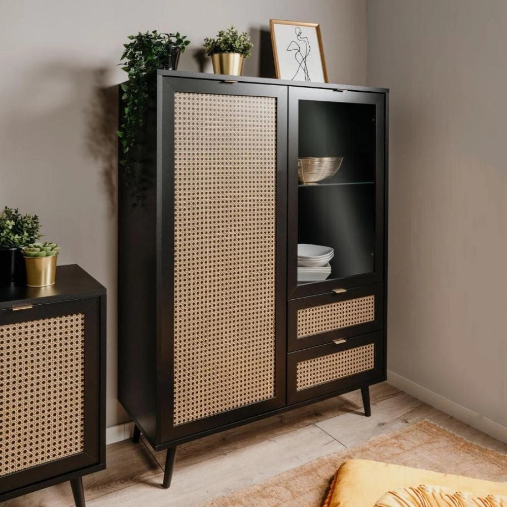 Vetrina 2 ante e 2 cassetti con frontali effetto vimini Vienna53A colore nero