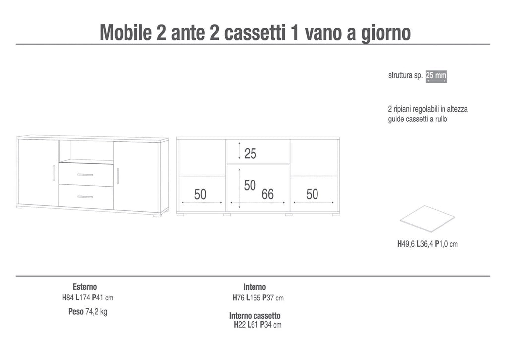 Madia 2 Ante 2 Cassetti 174x84x41 cm Noce Stelvio/Ossido Bianco