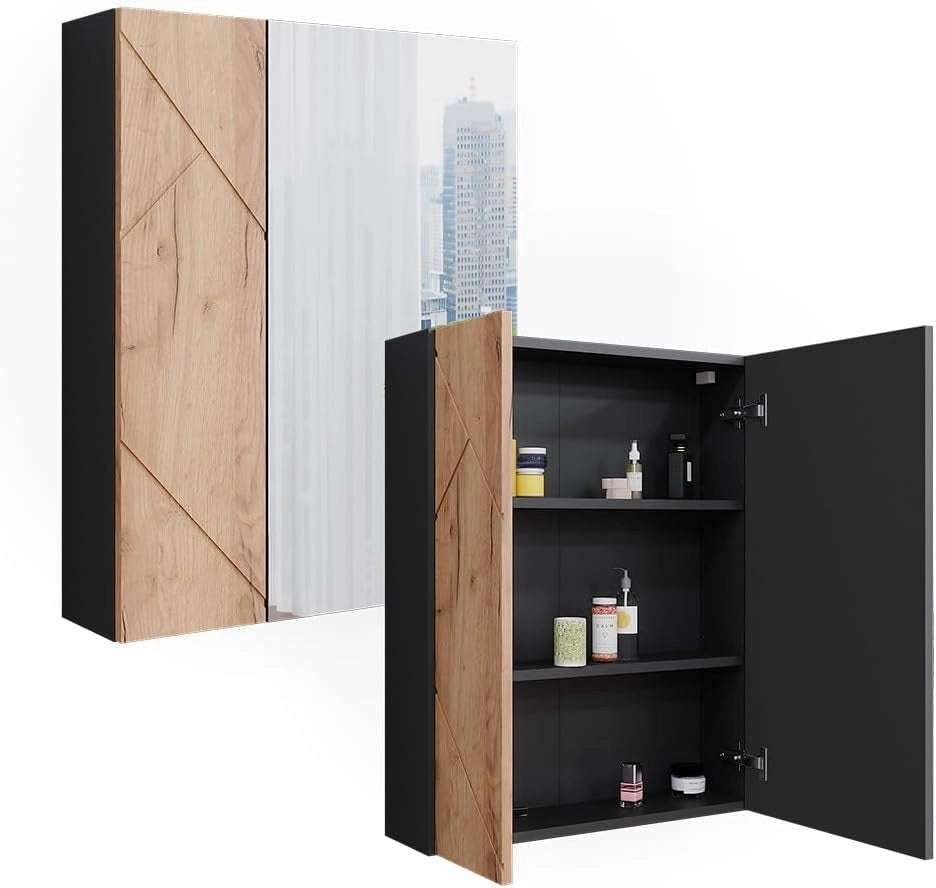Mobile a specchio per bagno Irma, Antracite/quercia dorata, 60 x 75 cm, per montaggio a parete con superficie a specchio integrata