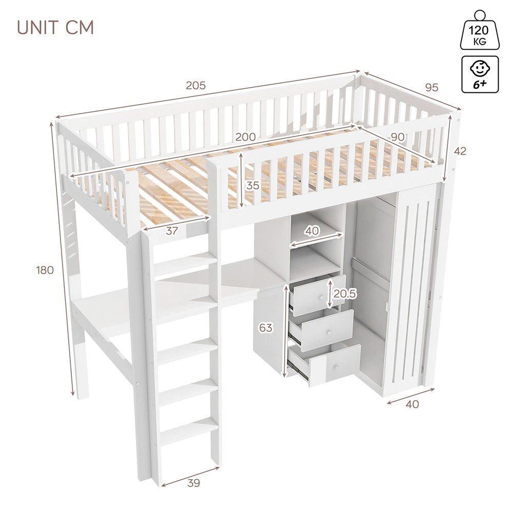 Letto mezzanino 90x200cm - Xylo - bianco, 3 cassetti, armadio, sicuro