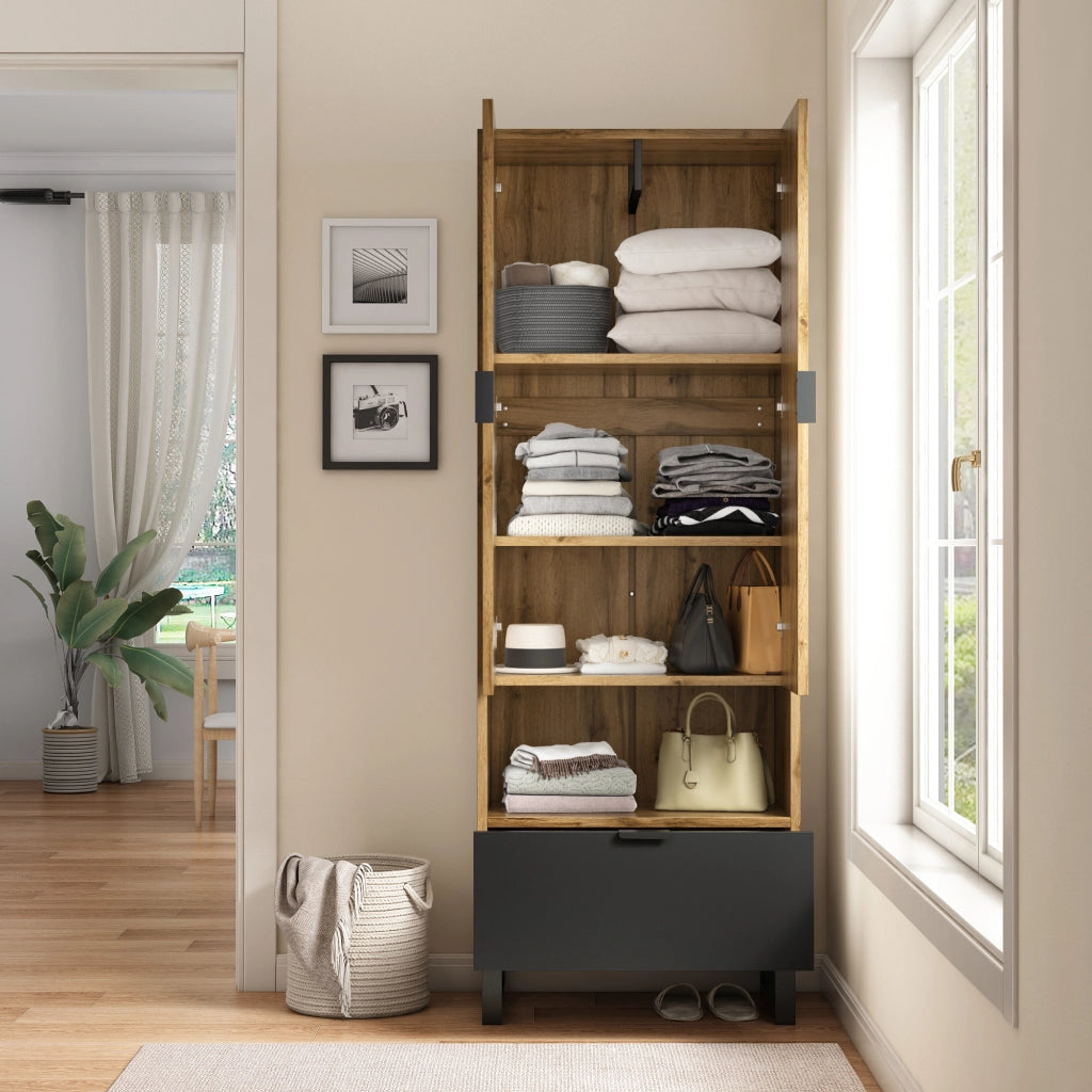 Armadio con asta appendiabiti, 1 cassetto e 3 ripiani, per ingresso, in truciolare, nero, 180 × 38 × 65 cm