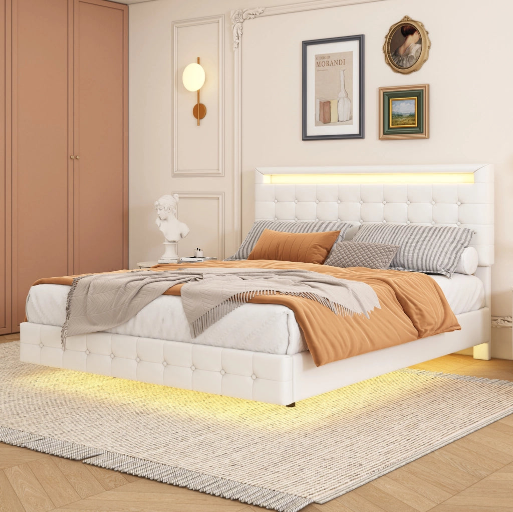 Letto matrimoniale bianco 140x200 cm con LED regolabile e testiera adattabile