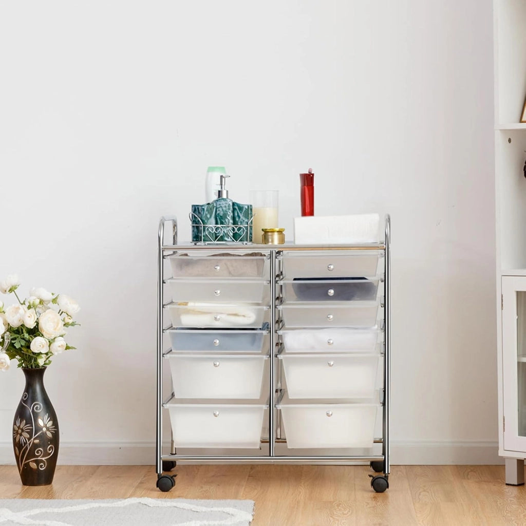 Carrello con 12 Cassetti con Ruote, Carrello di Stoccaggio Multiuso con Ampio Spazio di Archiviazione, Ideale per Casa Ufficio Domestico, 73,5 x 37 x 63 cm (Trasparente)