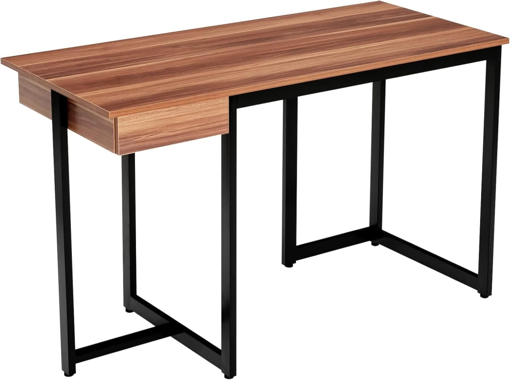 Scrivania con Cassetto, 120 × 55 cm, Scrivania per Computer con Telaio in Metallo Rinforzato e Poggiapiedi Regolabili, Moderno Tavolo da Ufficio per Camera da Letto, Studio e Ufficio